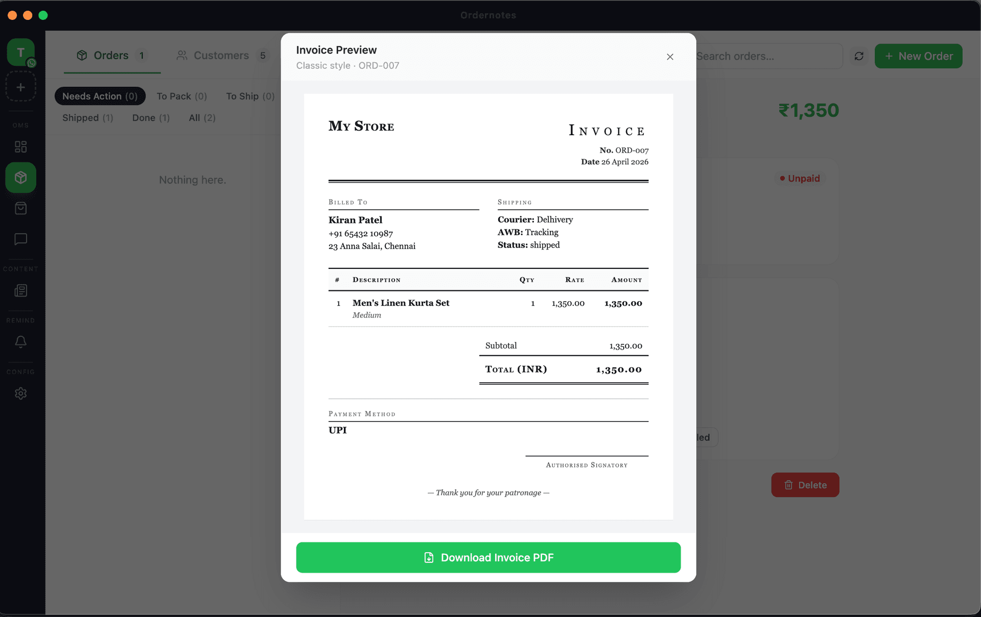 Ordernotes invoice with UPI QR code for instant WhatsApp payment